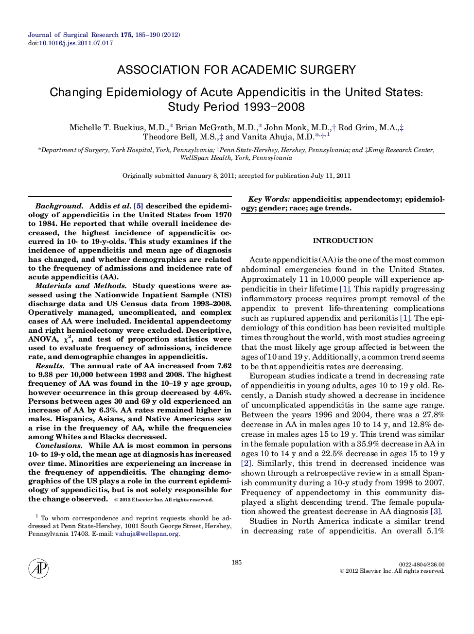 Changing Epidemiology of Acute Appendicitis in the United States: Study Period 1993–2008