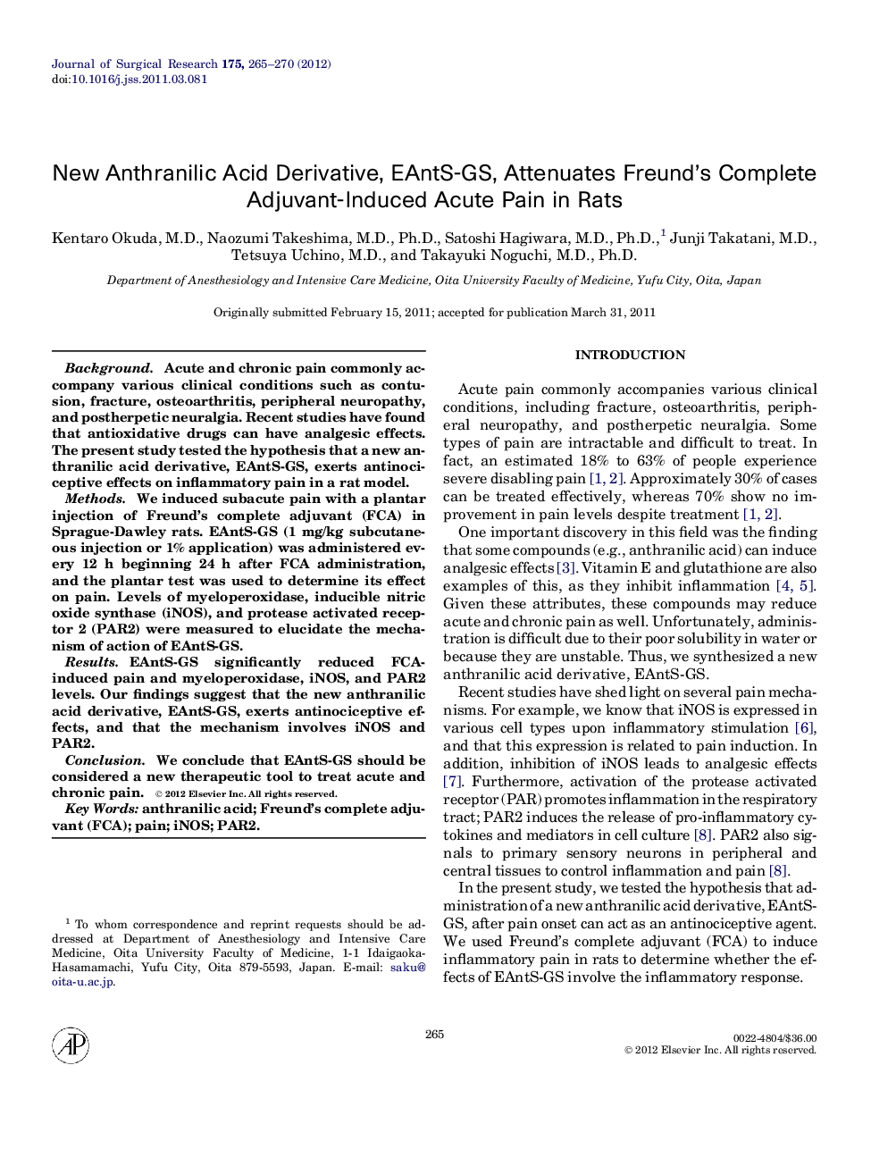 New Anthranilic Acid Derivative, EAntS-GS, Attenuates Freund’s Complete Adjuvant-Induced Acute Pain in Rats