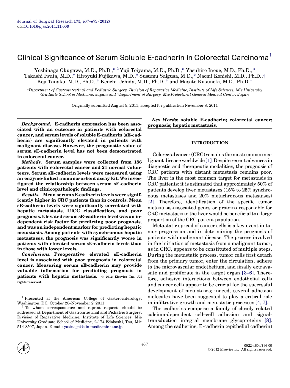 Clinical Significance of Serum Soluble E-cadherin in Colorectal Carcinoma1