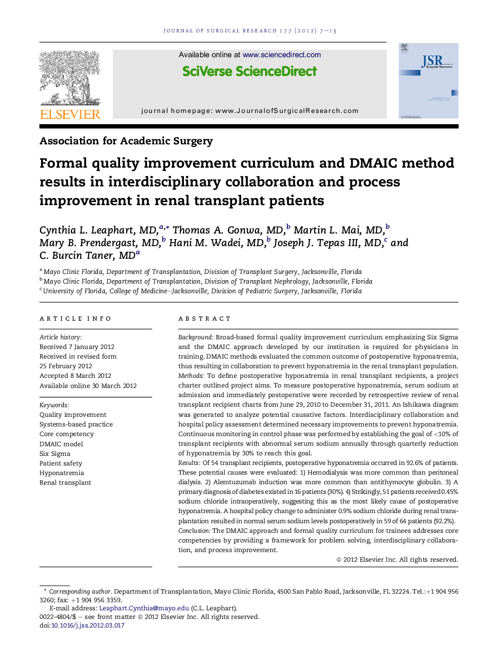 Formal quality improvement curriculum and DMAIC method results in interdisciplinary collaboration and process improvement in renal transplant patients