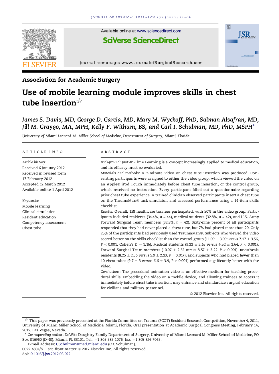 Use of mobile learning module improves skills in chest tube insertion 