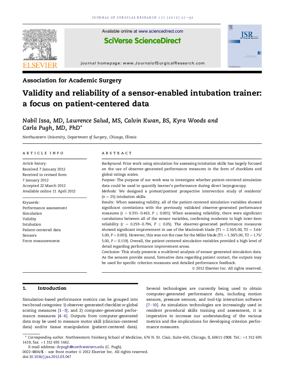 Validity and reliability of a sensor-enabled intubation trainer: a focus on patient-centered data