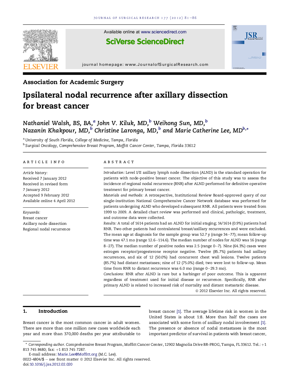 Ipsilateral nodal recurrence after axillary dissection for breast cancer