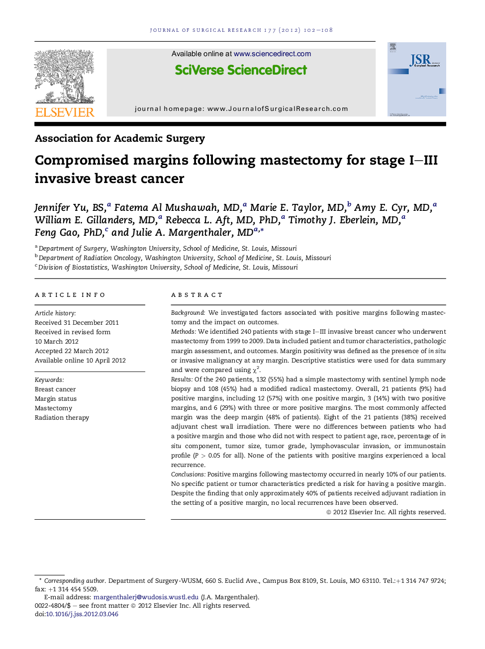 Compromised margins following mastectomy for stage I–III invasive breast cancer