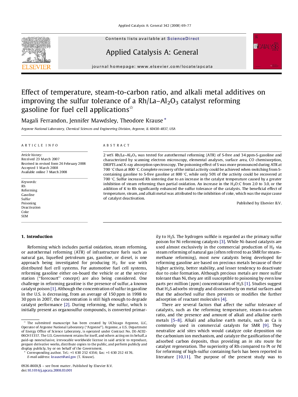 Effect of temperature, steam-to-carbon ratio, and alkali metal additives on improving the sulfur tolerance of a Rh/La–Al2O3 catalyst reforming gasoline for fuel cell applications 