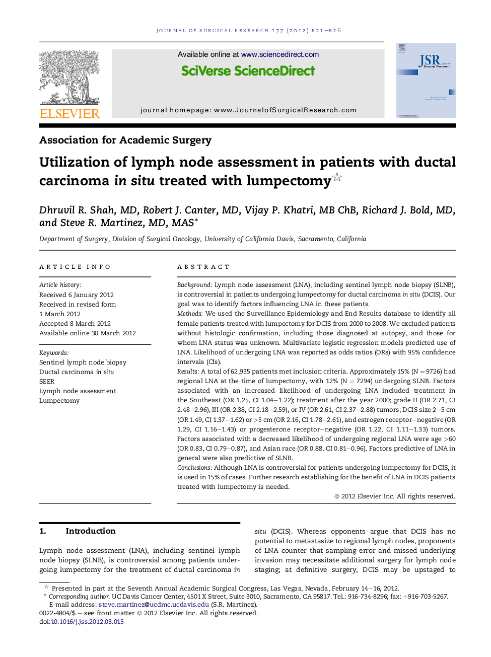 Utilization of lymph node assessment in patients with ductal carcinoma in situ treated with lumpectomy 