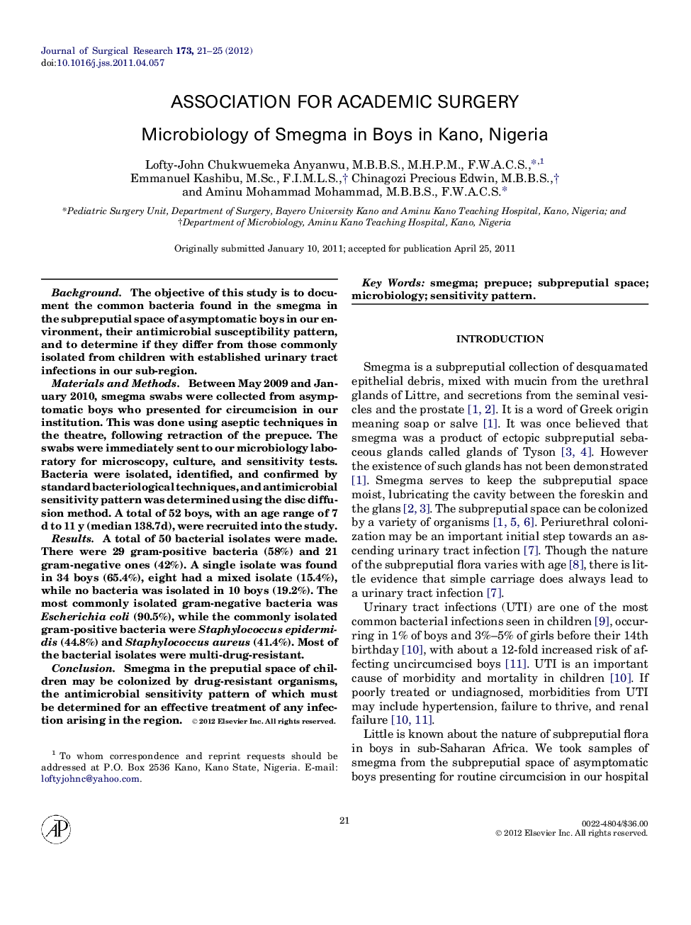 Microbiology of Smegma in Boys in Kano, Nigeria