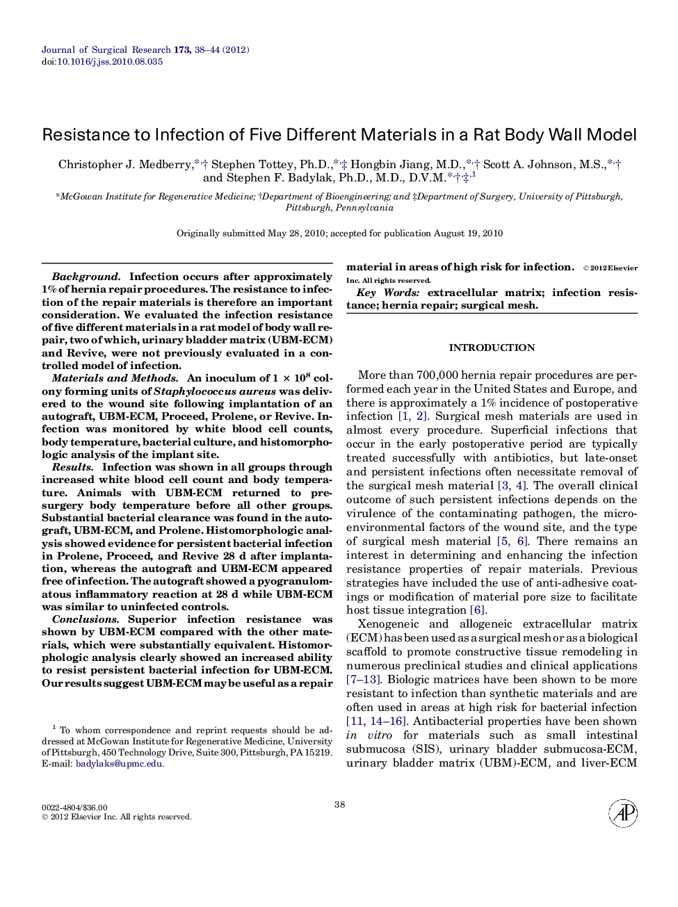 Resistance to Infection of Five Different Materials in a Rat Body Wall Model