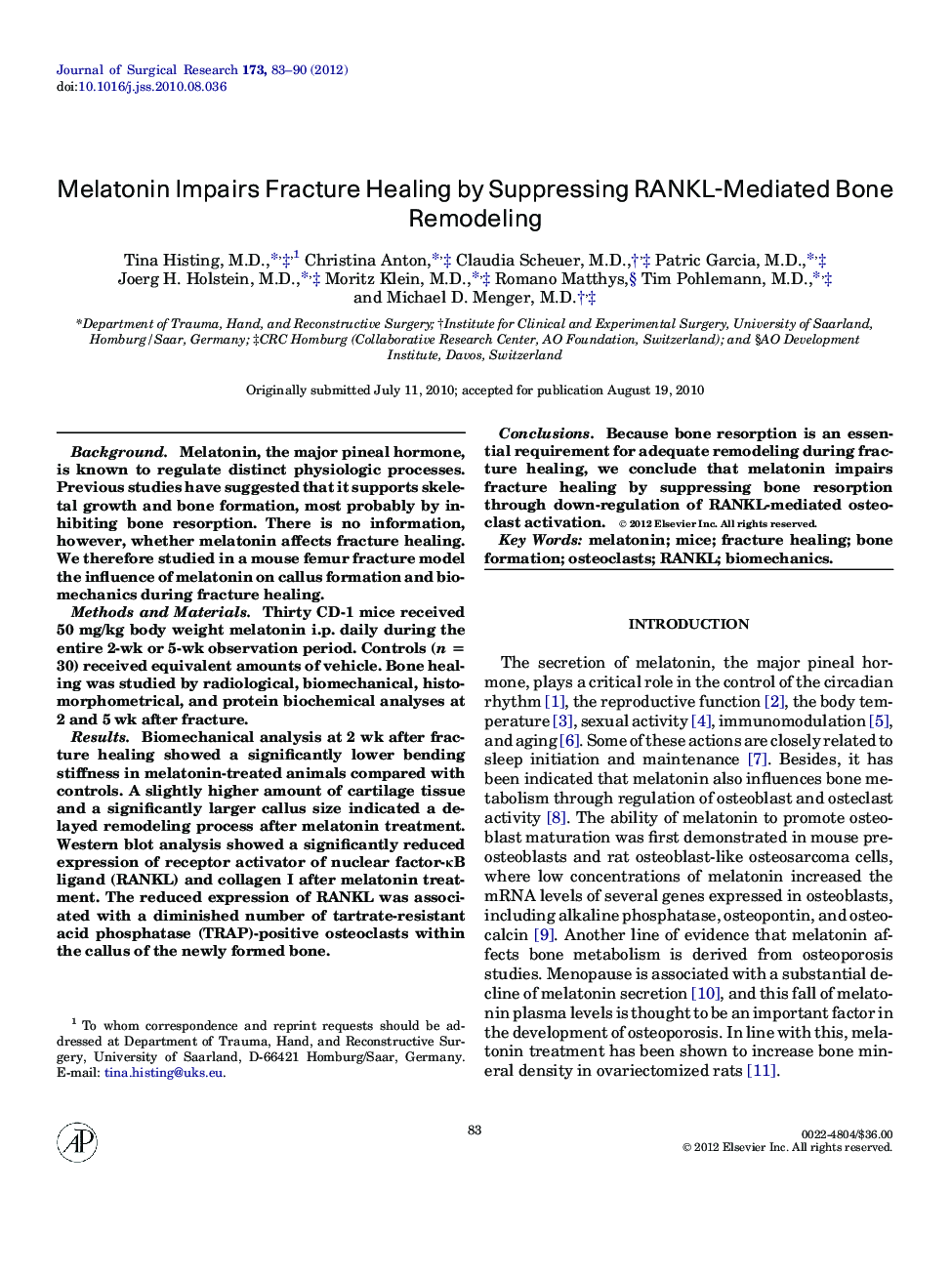 Melatonin Impairs Fracture Healing by Suppressing RANKL-Mediated Bone Remodeling