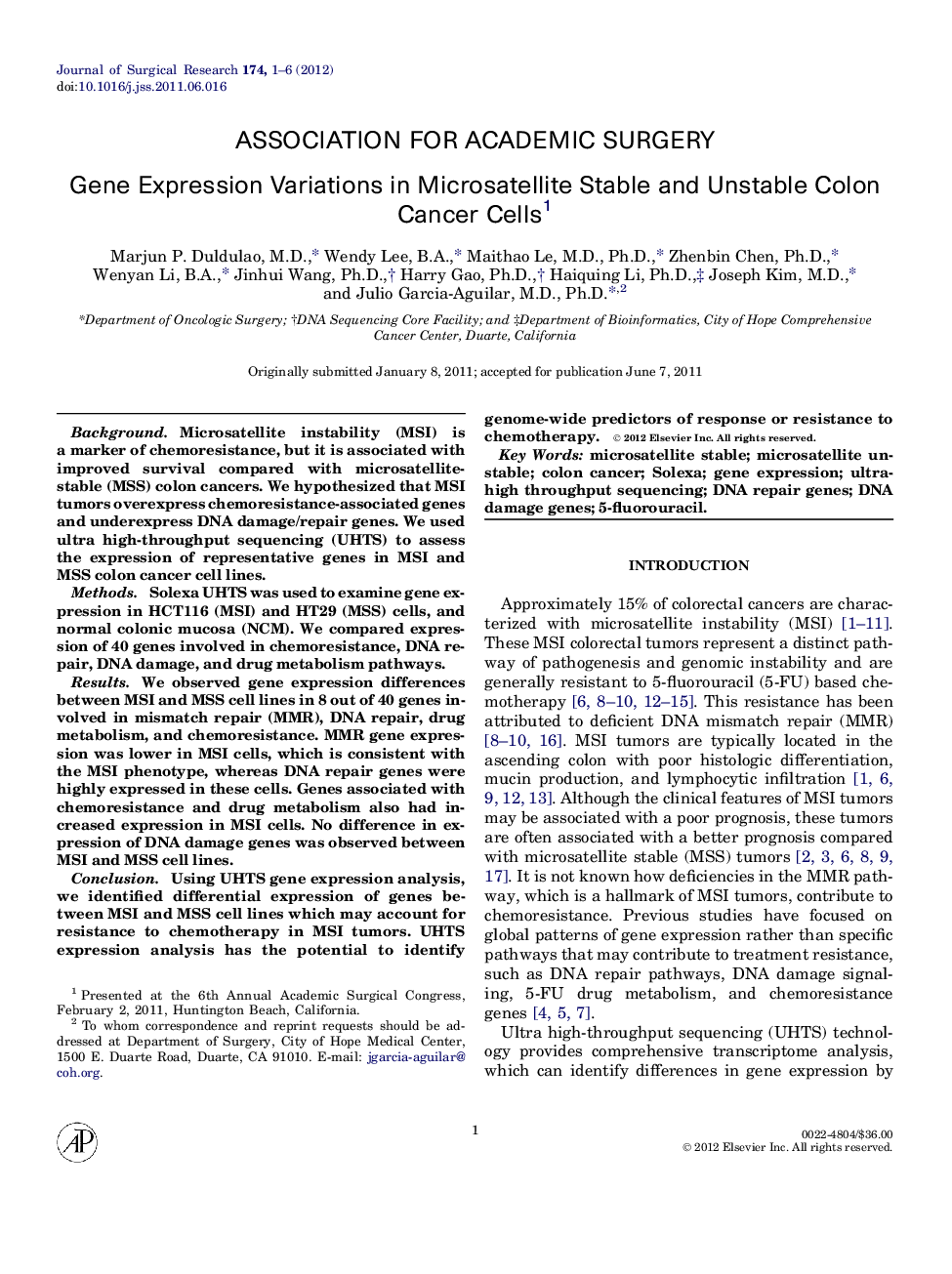 Gene Expression Variations in Microsatellite Stable and Unstable Colon Cancer Cells1