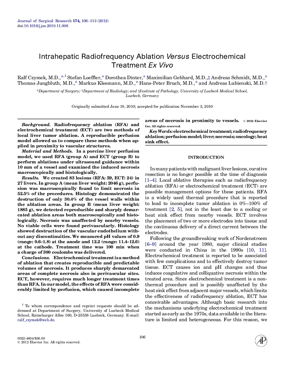 Intrahepatic Radiofrequency Ablation Versus Electrochemical Treatment Ex Vivo