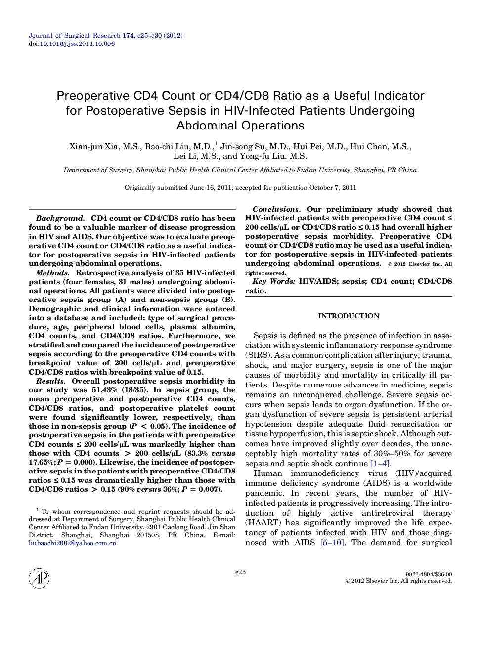 Preoperative CD4 Count or CD4/CD8 Ratio as a Useful Indicator for Postoperative Sepsis in HIV-Infected Patients Undergoing Abdominal Operations