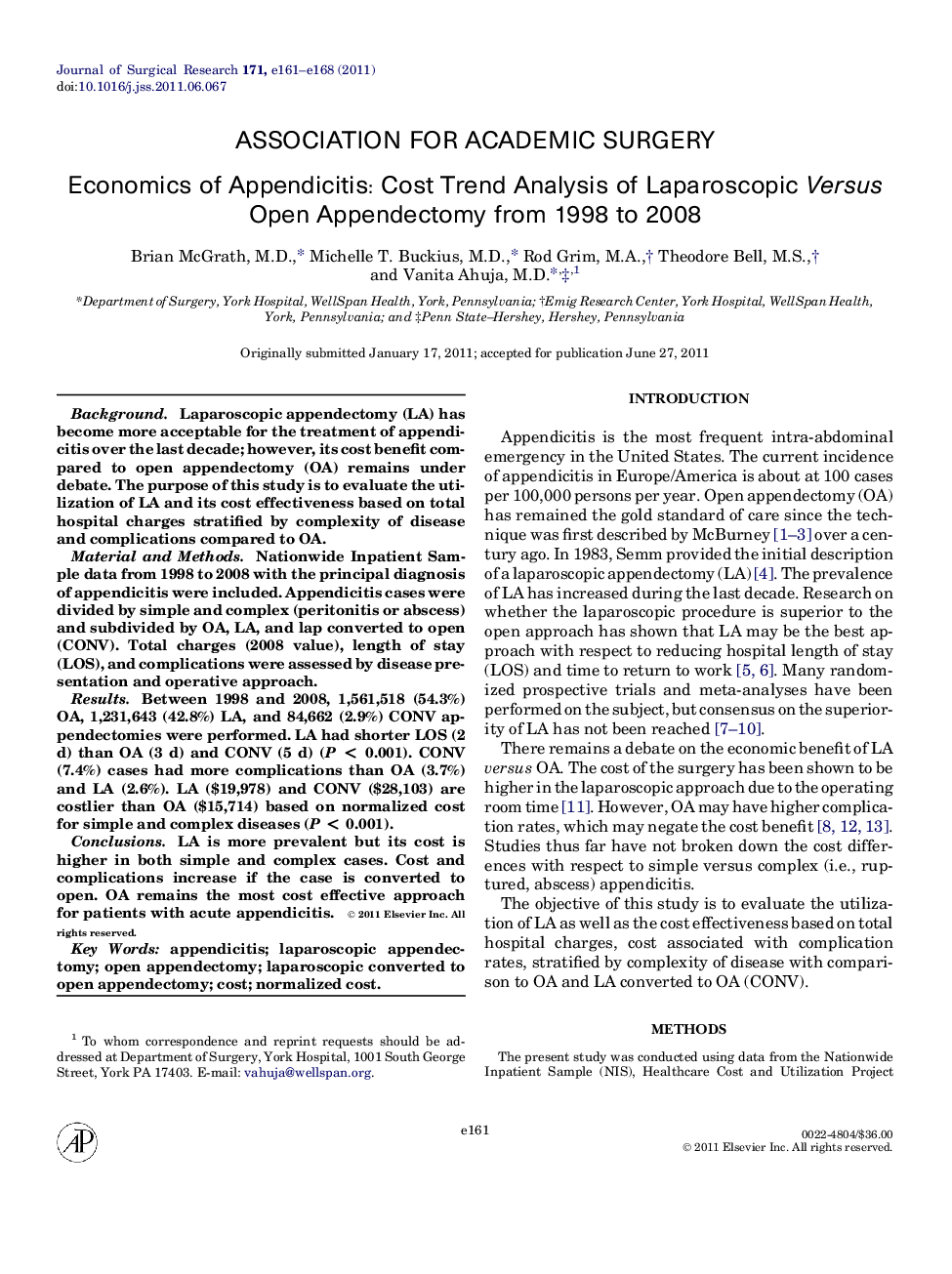 Economics of Appendicitis: Cost Trend Analysis of Laparoscopic Versus Open Appendectomy from 1998 to 2008