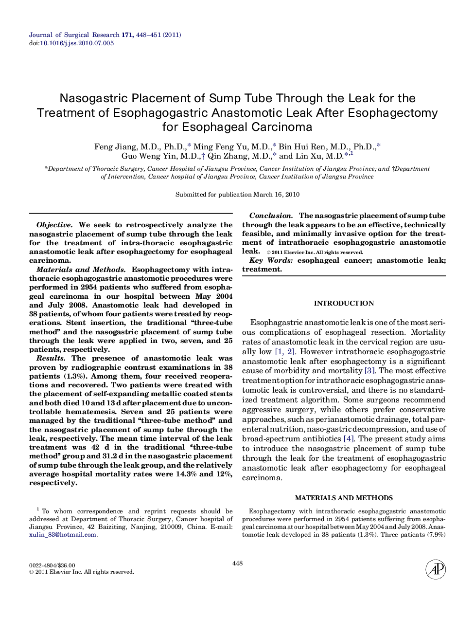 Nasogastric Placement of Sump Tube Through the Leak for the Treatment of Esophagogastric Anastomotic Leak After Esophagectomy for Esophageal Carcinoma