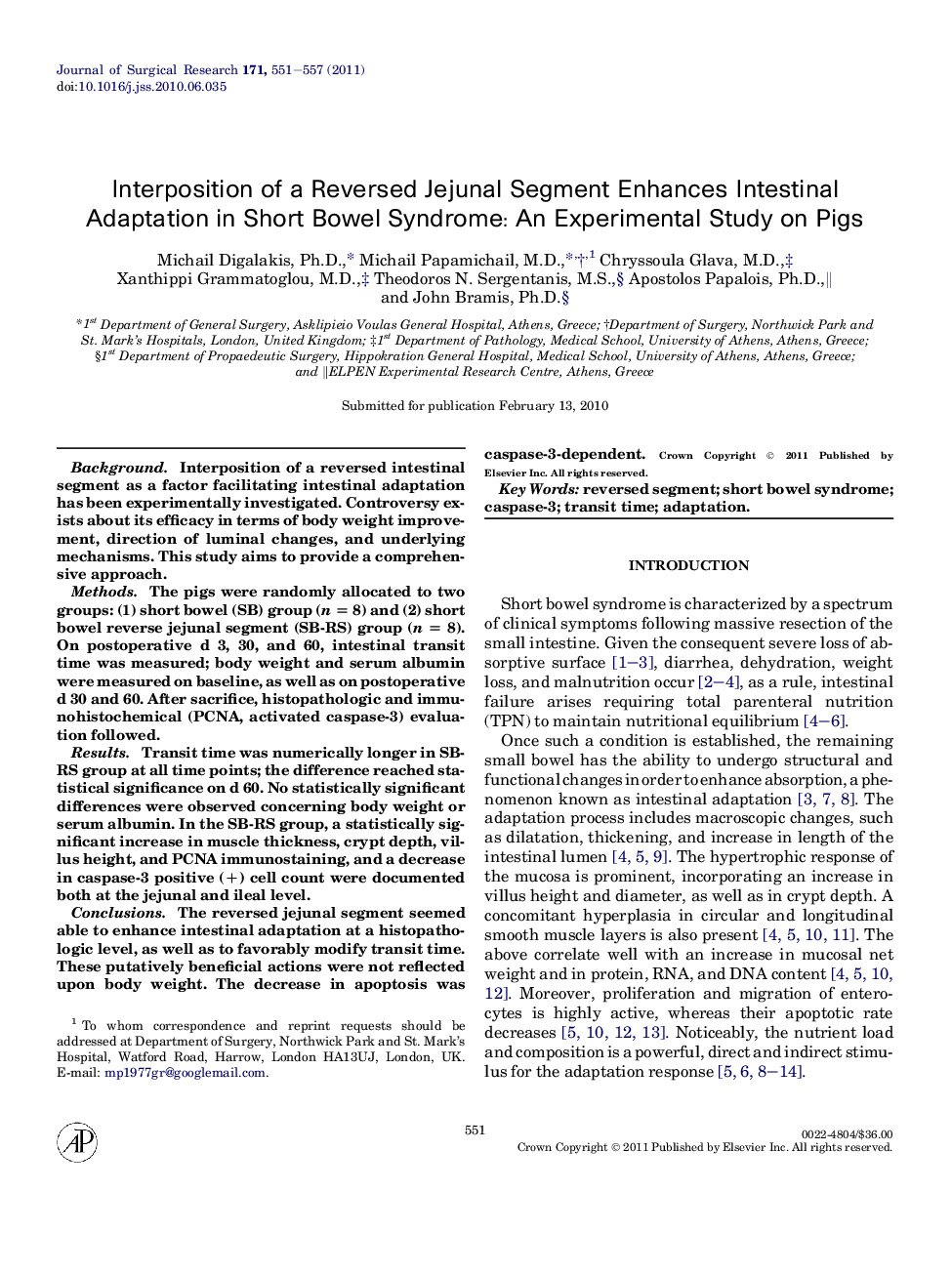 Interposition of a Reversed Jejunal Segment Enhances Intestinal Adaptation in Short Bowel Syndrome: An Experimental Study on Pigs