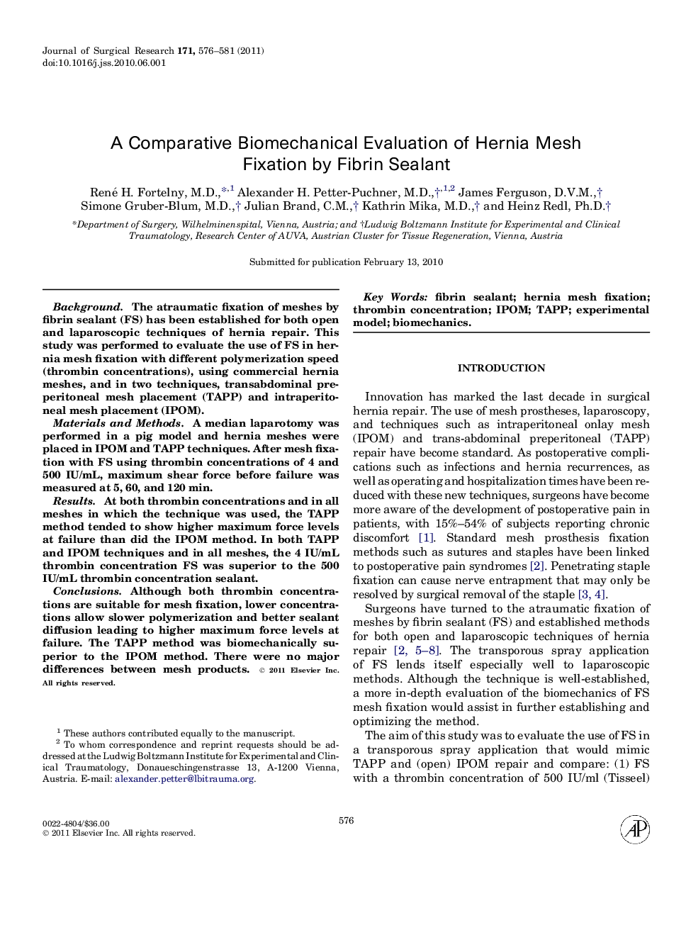 A Comparative Biomechanical Evaluation of Hernia Mesh Fixation by Fibrin Sealant