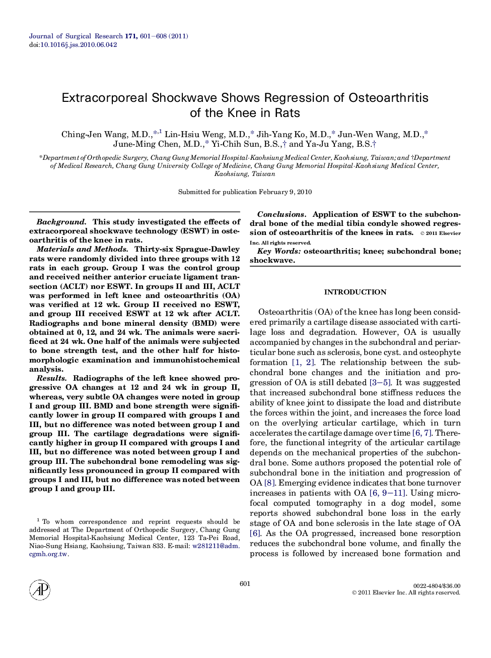 Extracorporeal Shockwave Shows Regression of Osteoarthritis of the Knee in Rats