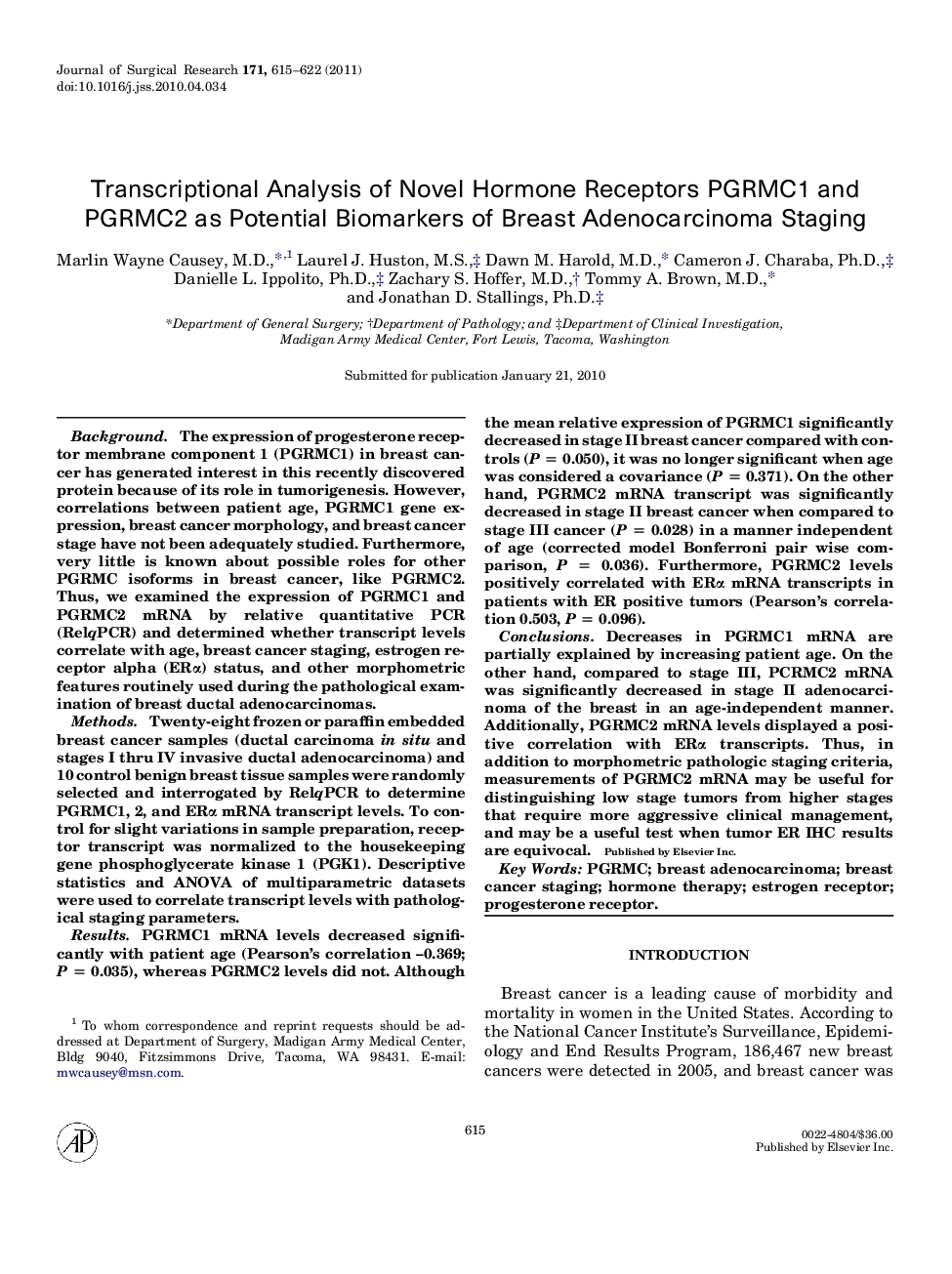 Transcriptional Analysis of Novel Hormone Receptors PGRMC1 and PGRMC2 as Potential Biomarkers of Breast Adenocarcinoma Staging