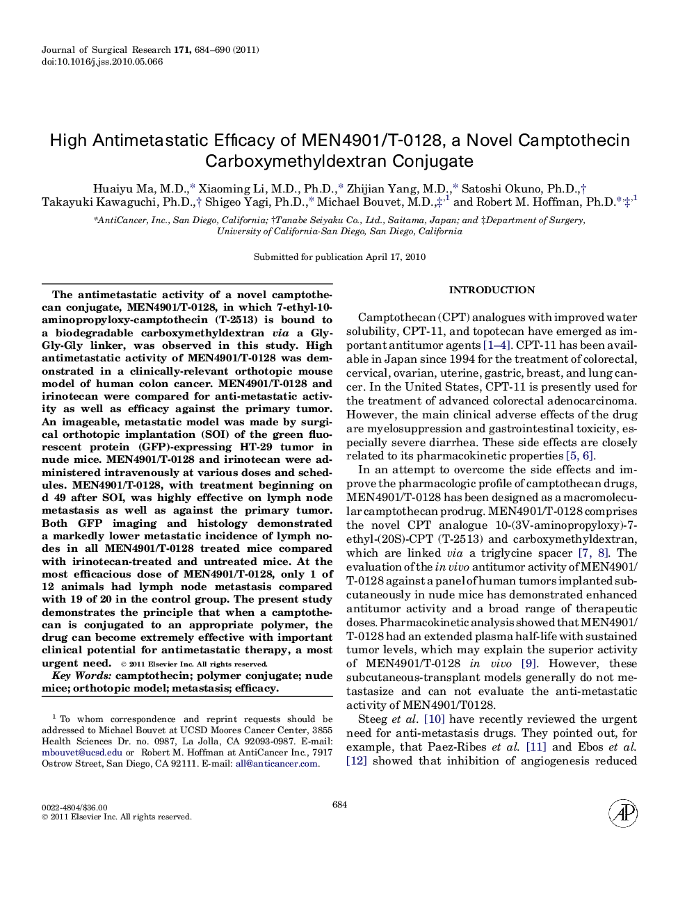 High Antimetastatic Efficacy of MEN4901/T-0128, a Novel Camptothecin Carboxymethyldextran Conjugate