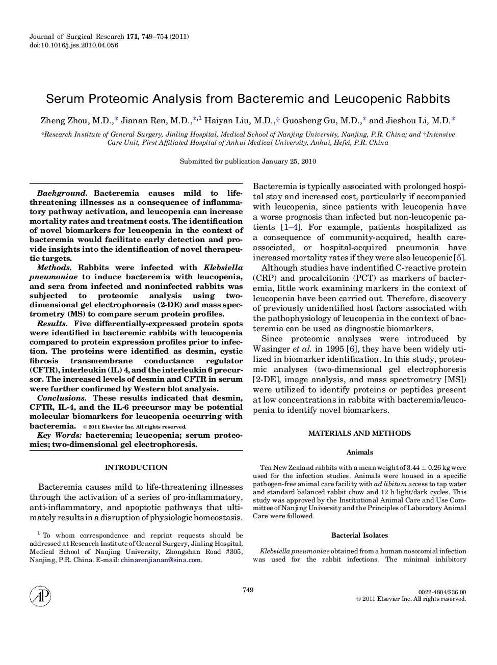 Serum Proteomic Analysis from Bacteremic and Leucopenic Rabbits