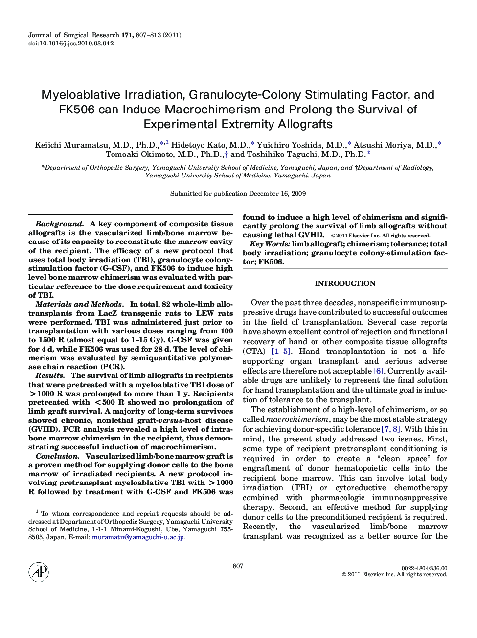 Myeloablative Irradiation, Granulocyte-Colony Stimulating Factor, and FK506 can Induce Macrochimerism and Prolong the Survival of Experimental Extremity Allografts