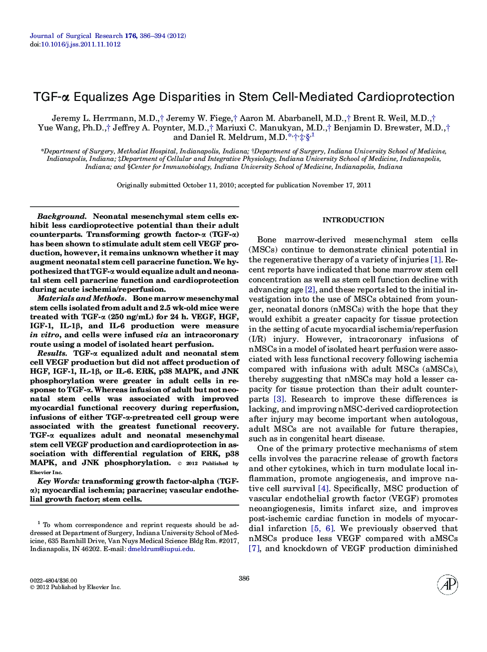 TGF-α Equalizes Age Disparities in Stem Cell-Mediated Cardioprotection