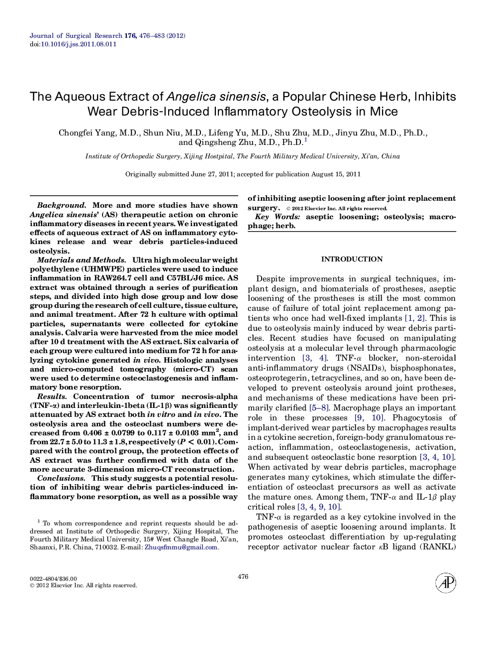 The Aqueous Extract of Angelica sinensis, a Popular Chinese Herb, Inhibits Wear Debris-Induced Inflammatory Osteolysis in Mice