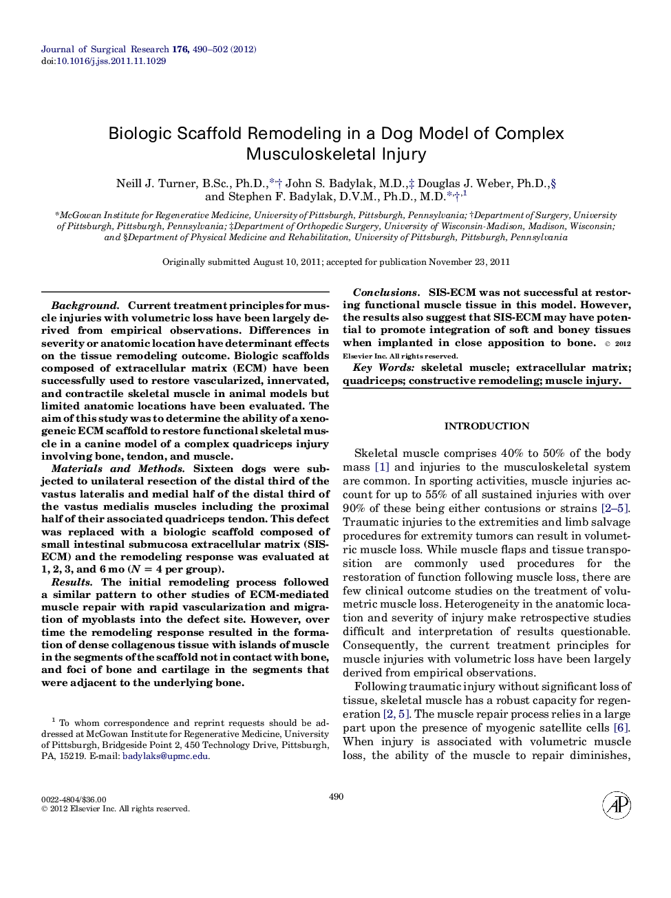 Biologic Scaffold Remodeling in a Dog Model of Complex Musculoskeletal Injury