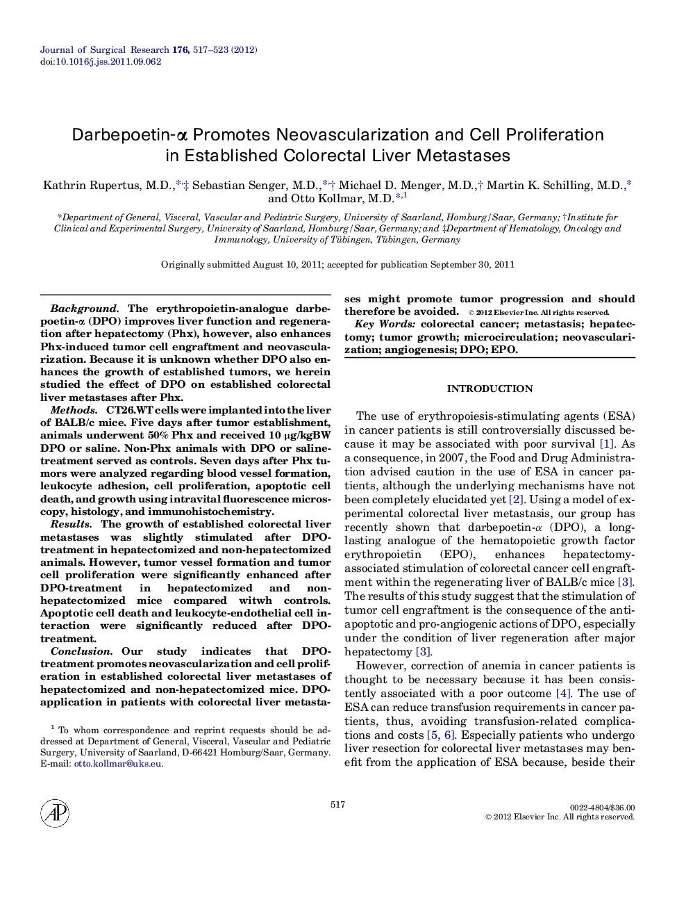 Darbepoetin-α Promotes Neovascularization and Cell Proliferation in Established Colorectal Liver Metastases