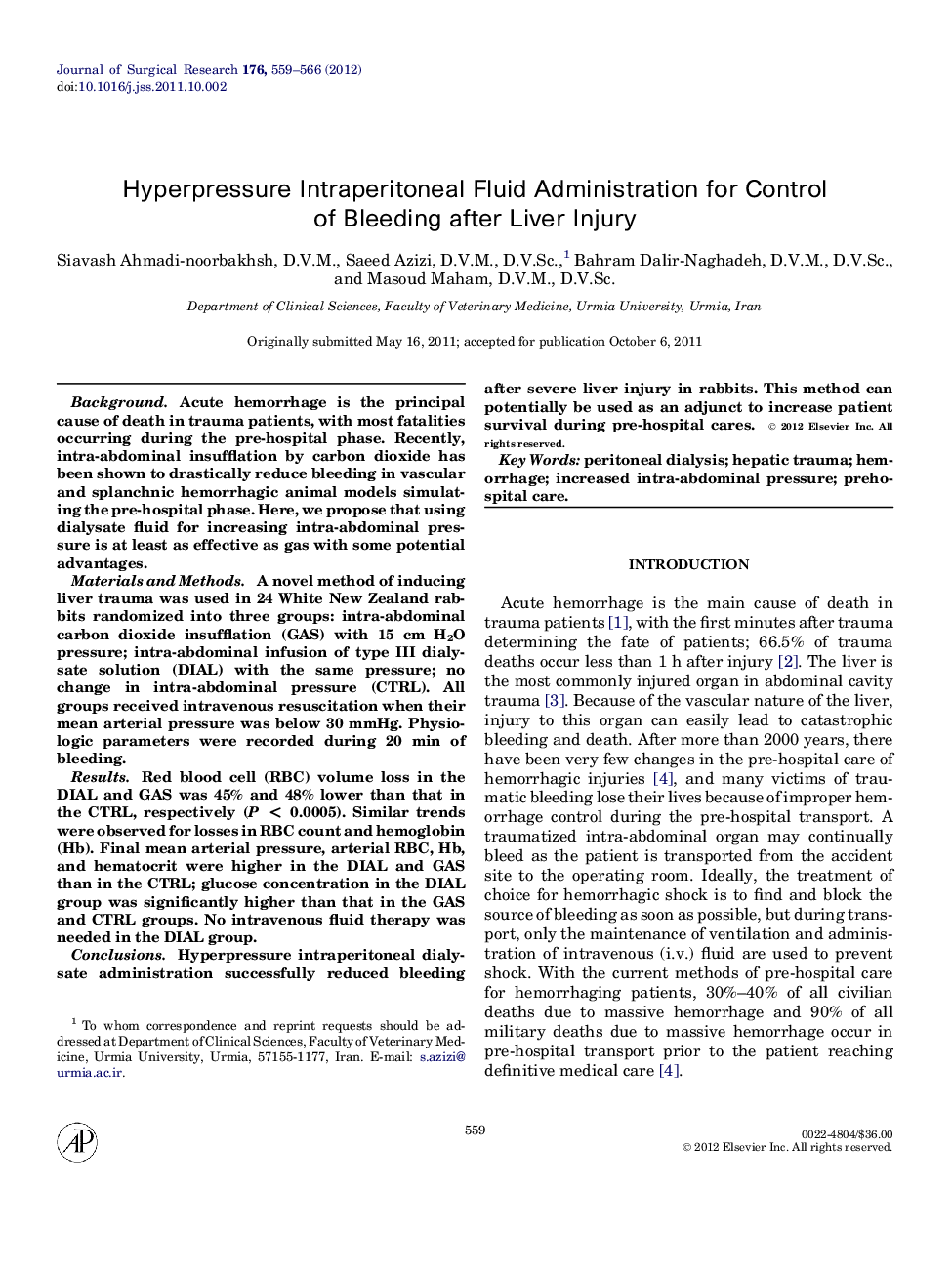 Hyperpressure Intraperitoneal Fluid Administration for Control of Bleeding after Liver Injury