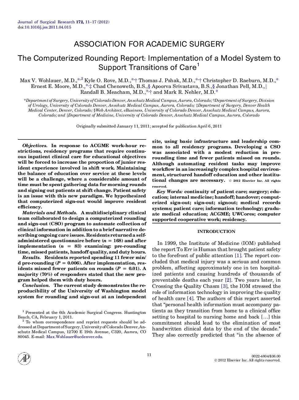 The Computerized Rounding Report: Implementation of a Model System to Support Transitions of Care1