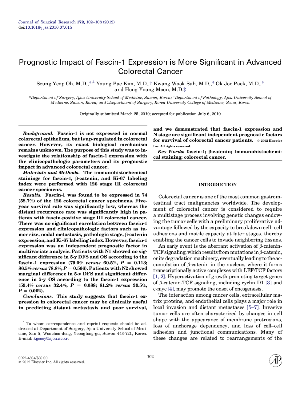 Prognostic Impact of Fascin-1 Expression is More Significant in Advanced Colorectal Cancer