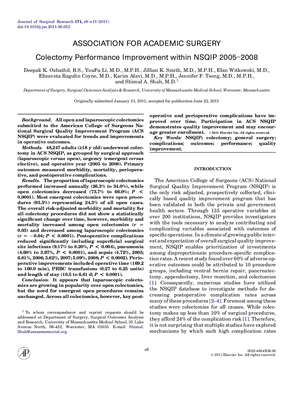 Colectomy Performance Improvement within NSQIP 2005–2008