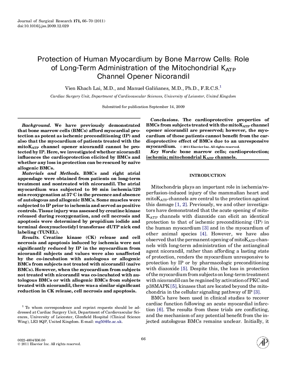 Protection of Human Myocardium by Bone Marrow Cells: Role of Long-Term Administration of the Mitochondrial KATP Channel Opener Nicorandil