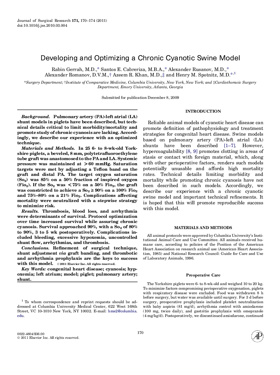 Developing and Optimizing a Chronic Cyanotic Swine Model