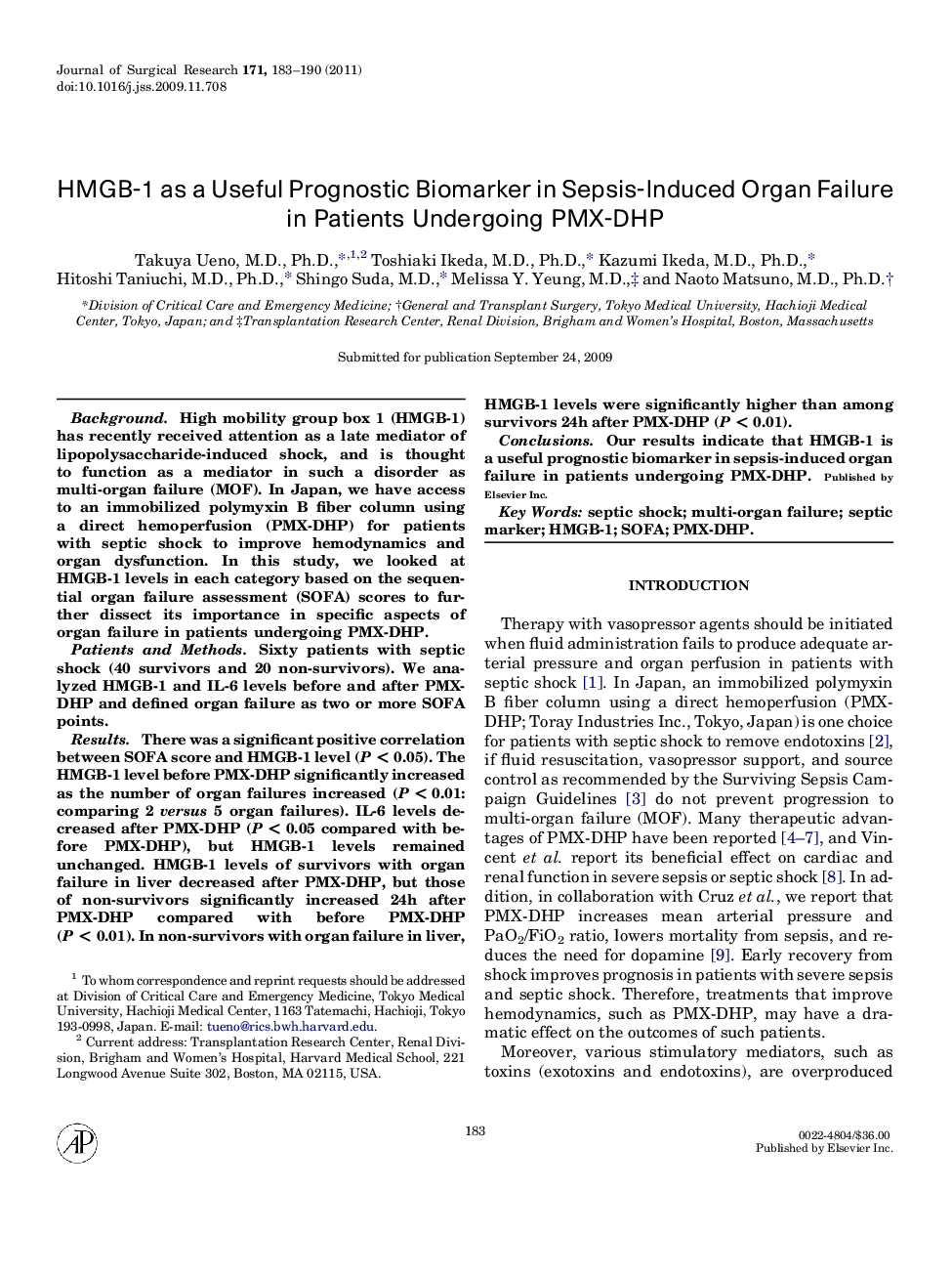 HMGB-1 as a Useful Prognostic Biomarker in Sepsis-Induced Organ Failure in Patients Undergoing PMX-DHP