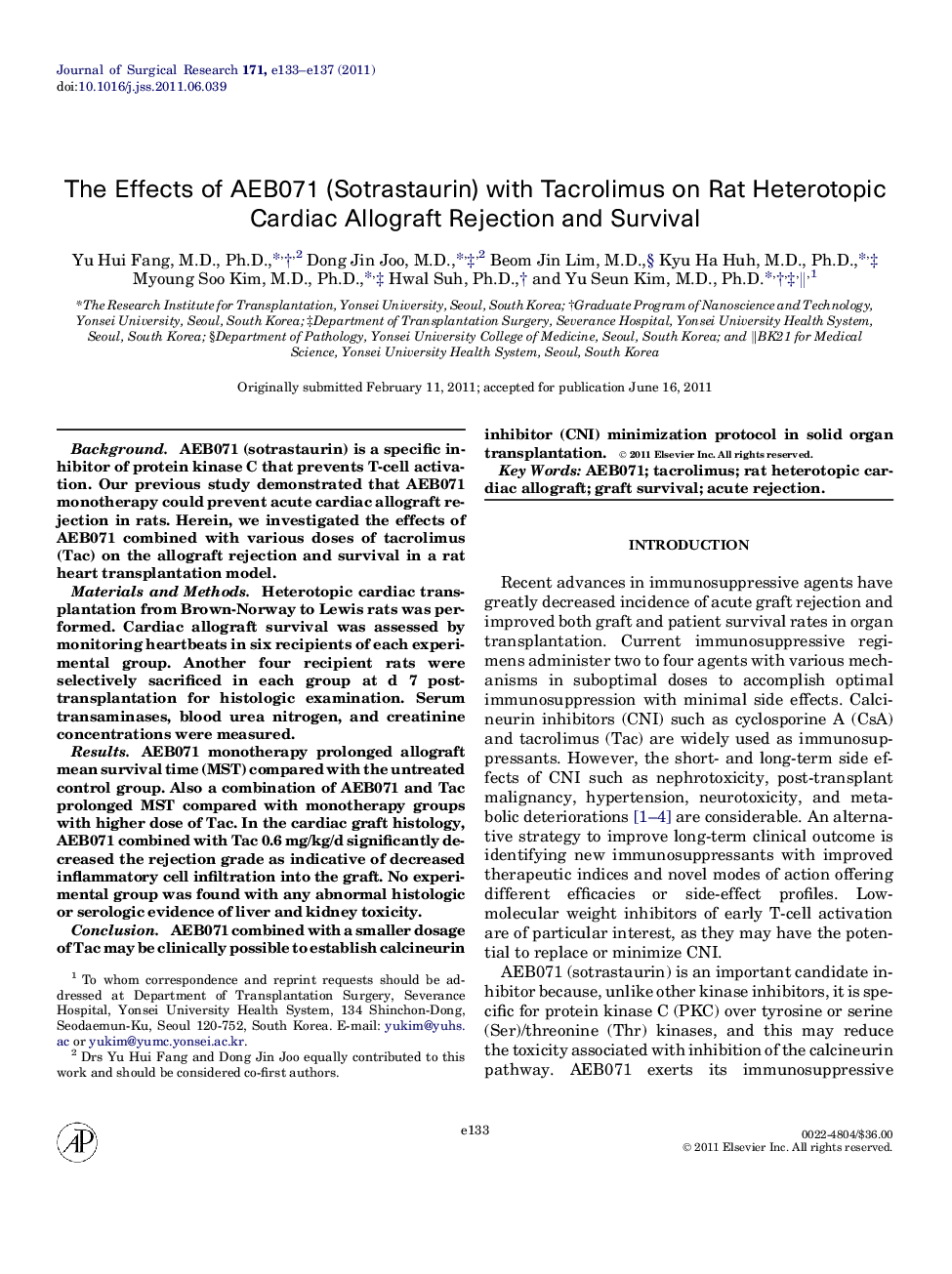 The Effects of AEB071 (Sotrastaurin) with Tacrolimus on Rat Heterotopic Cardiac Allograft Rejection and Survival