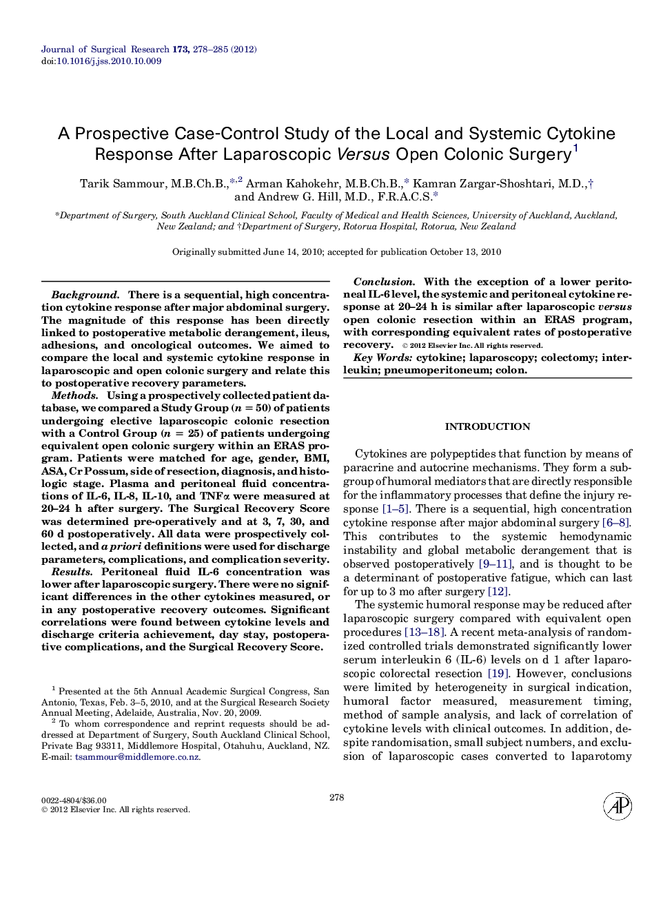 A Prospective Case-Control Study of the Local and Systemic Cytokine Response After Laparoscopic Versus Open Colonic Surgery 1