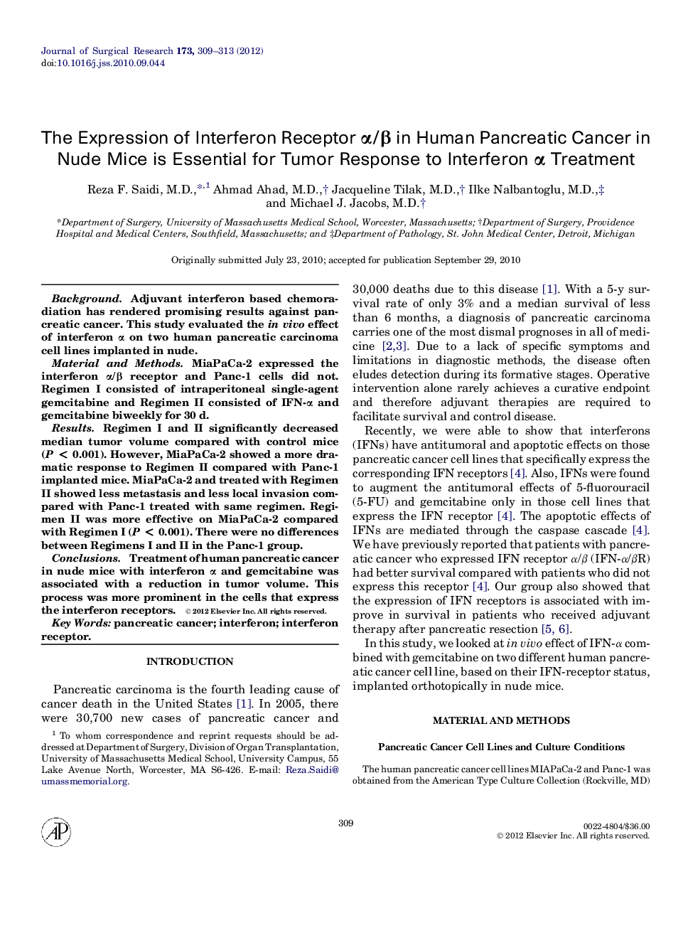 The Expression of Interferon Receptor α/β in Human Pancreatic Cancer in Nude Mice is Essential for Tumor Response to Interferon α Treatment