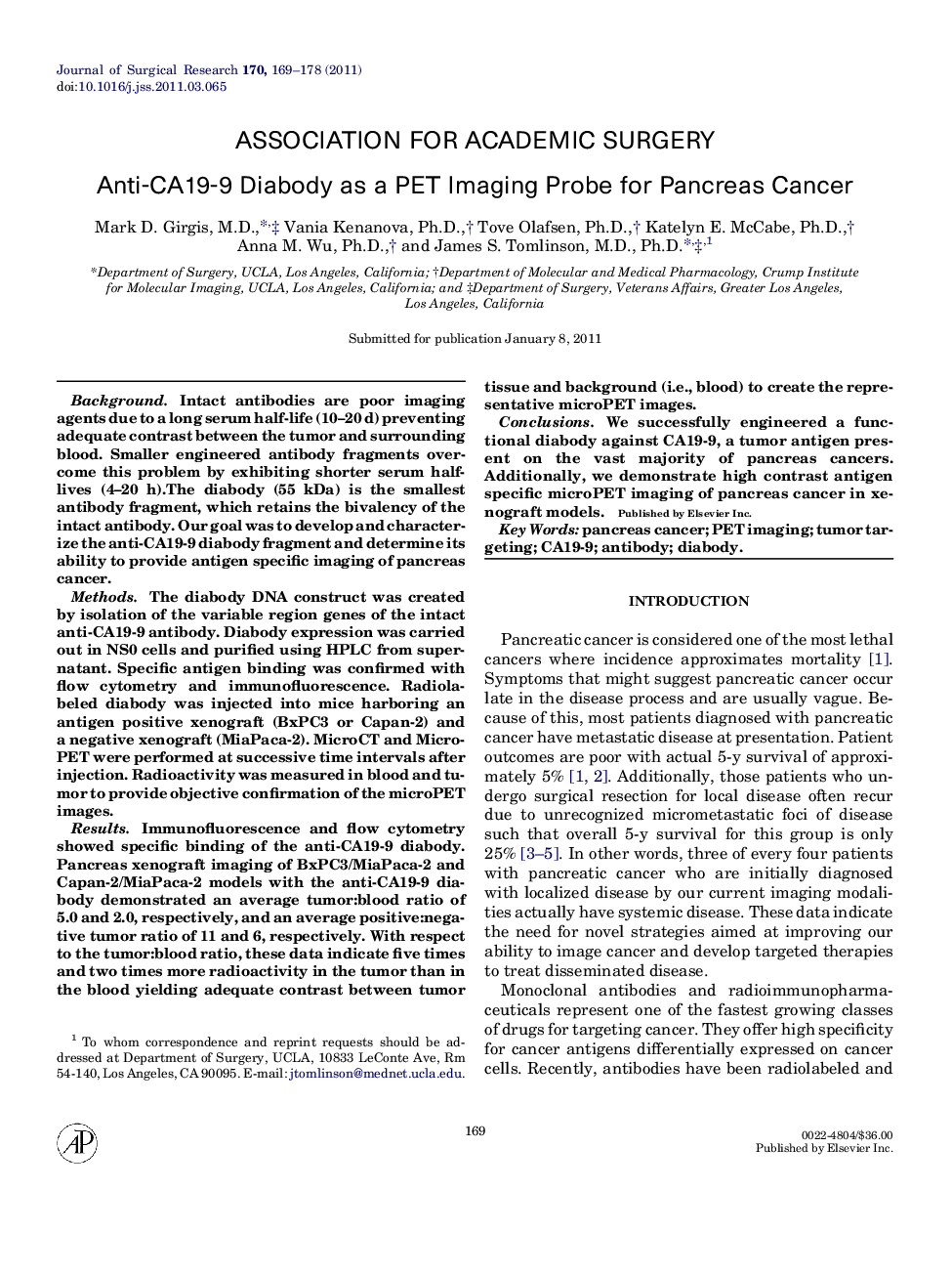 Anti-CA19-9 Diabody as a PET Imaging Probe for Pancreas Cancer