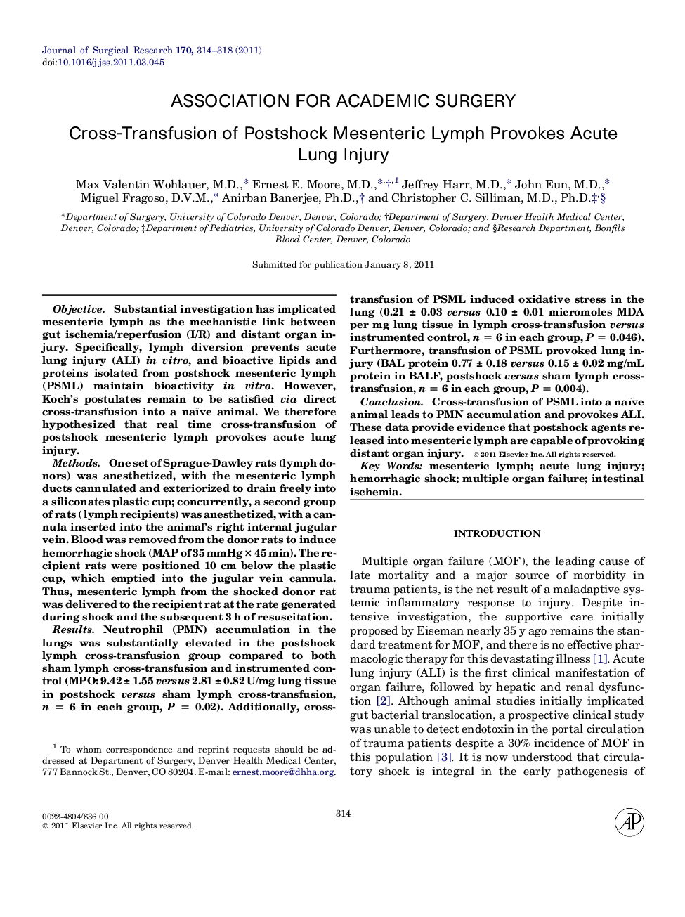 Cross-Transfusion of Postshock Mesenteric Lymph Provokes Acute Lung Injury