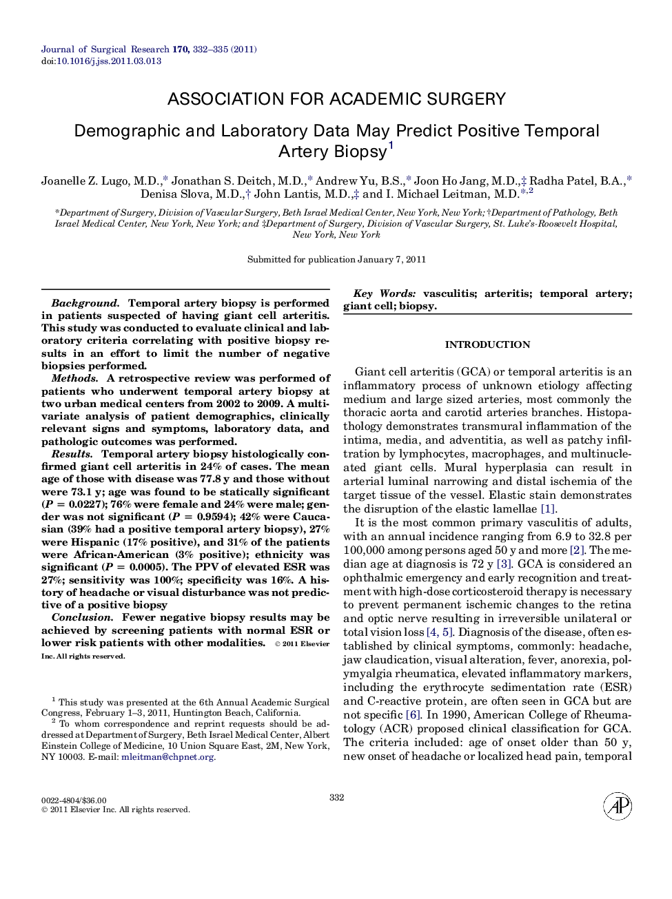 Demographic and Laboratory Data May Predict Positive Temporal Artery Biopsy1