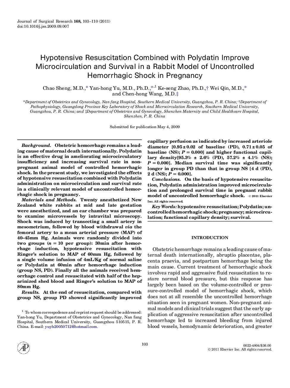 Hypotensive Resuscitation Combined with Polydatin Improve Microcirculation and Survival in a Rabbit Model of Uncontrolled Hemorrhagic Shock in Pregnancy