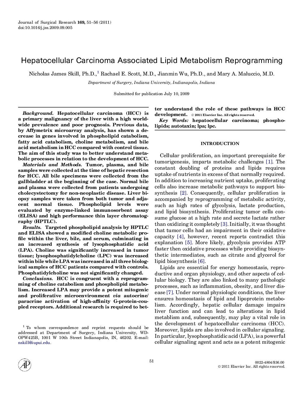 Hepatocellular Carcinoma Associated Lipid Metabolism Reprogramming