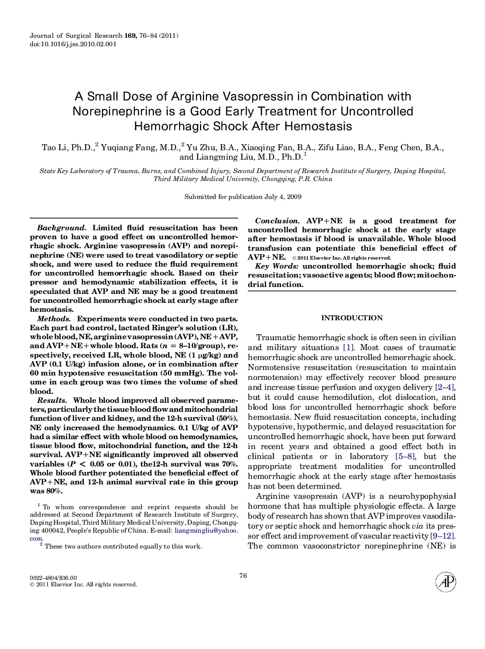 A Small Dose of Arginine Vasopressin in Combination with Norepinephrine is a Good Early Treatment for Uncontrolled Hemorrhagic Shock After Hemostasis