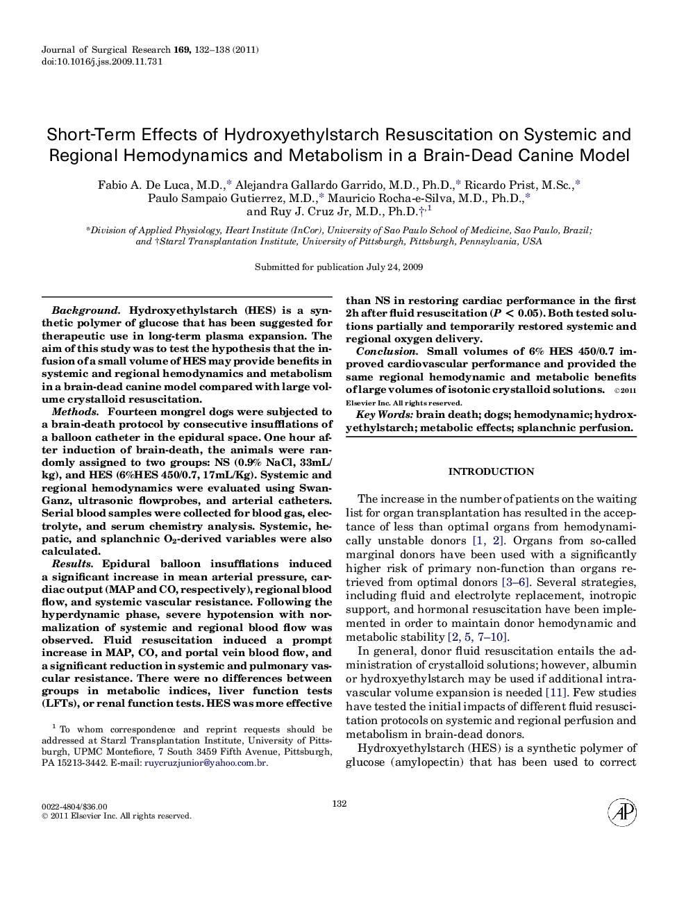 Short-Term Effects of Hydroxyethylstarch Resuscitation on Systemic and Regional Hemodynamics and Metabolism in a Brain-Dead Canine Model