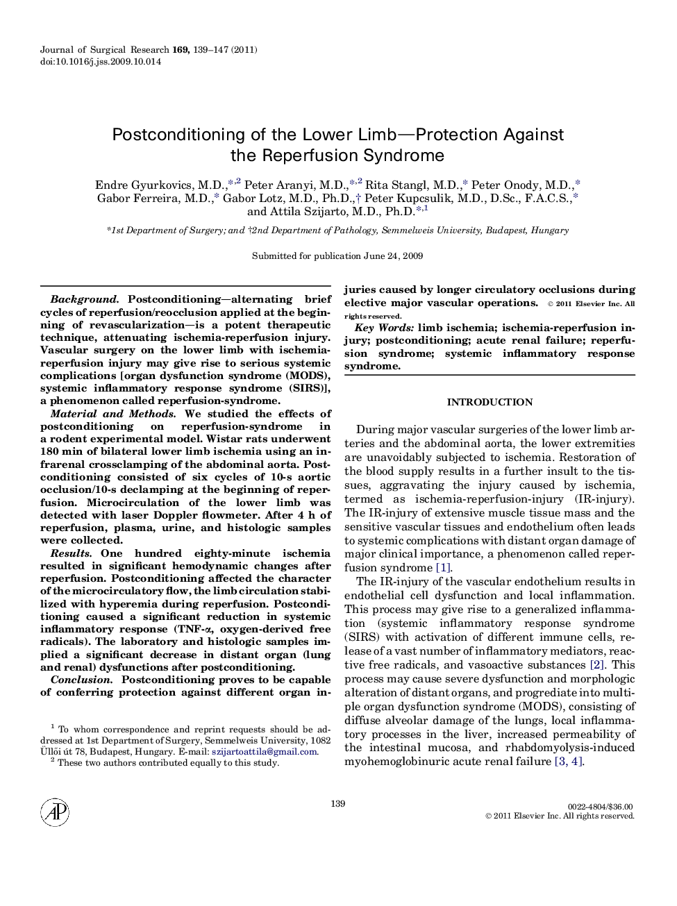 Postconditioning of the Lower Limb—Protection Against the Reperfusion Syndrome