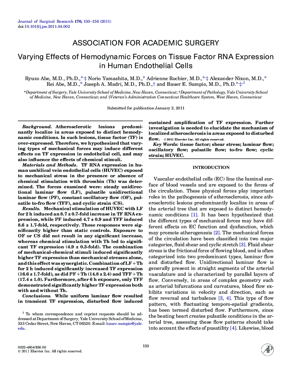 Varying Effects of Hemodynamic Forces on Tissue Factor RNA Expression in Human Endothelial Cells