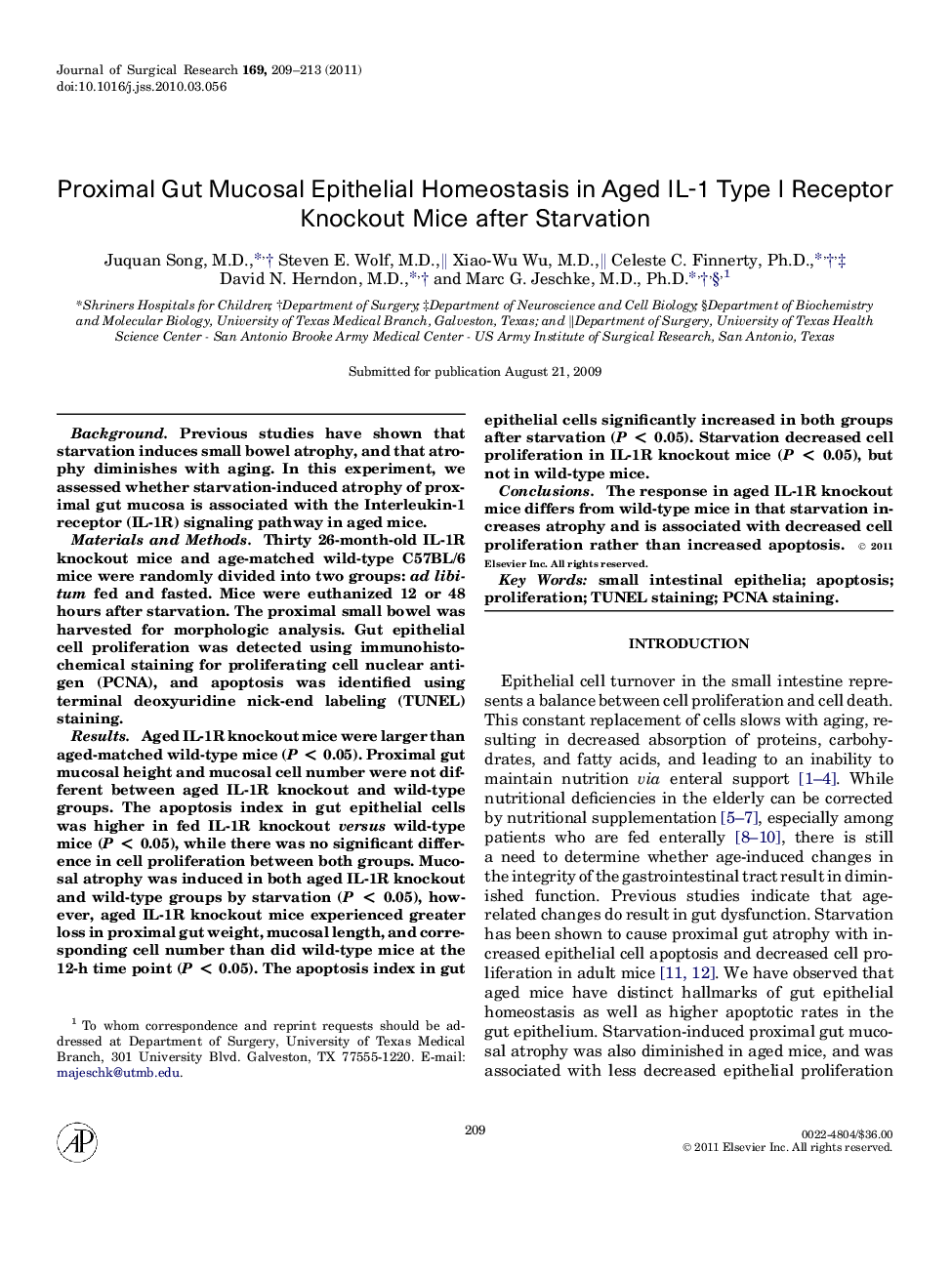 Proximal Gut Mucosal Epithelial Homeostasis in Aged IL-1 Type I Receptor Knockout Mice after Starvation