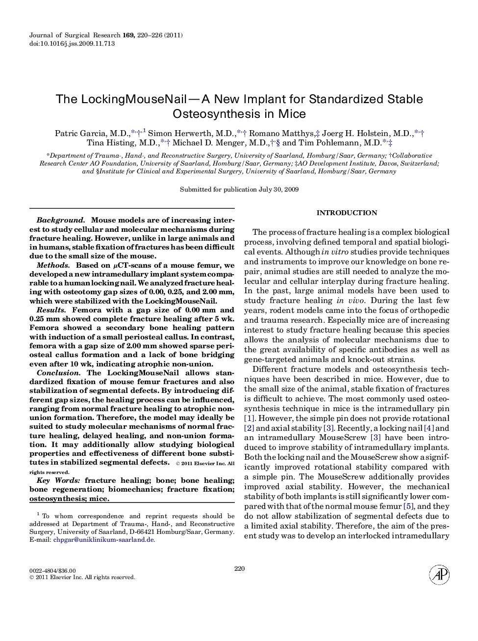 The LockingMouseNail—A New Implant for Standardized Stable Osteosynthesis in Mice